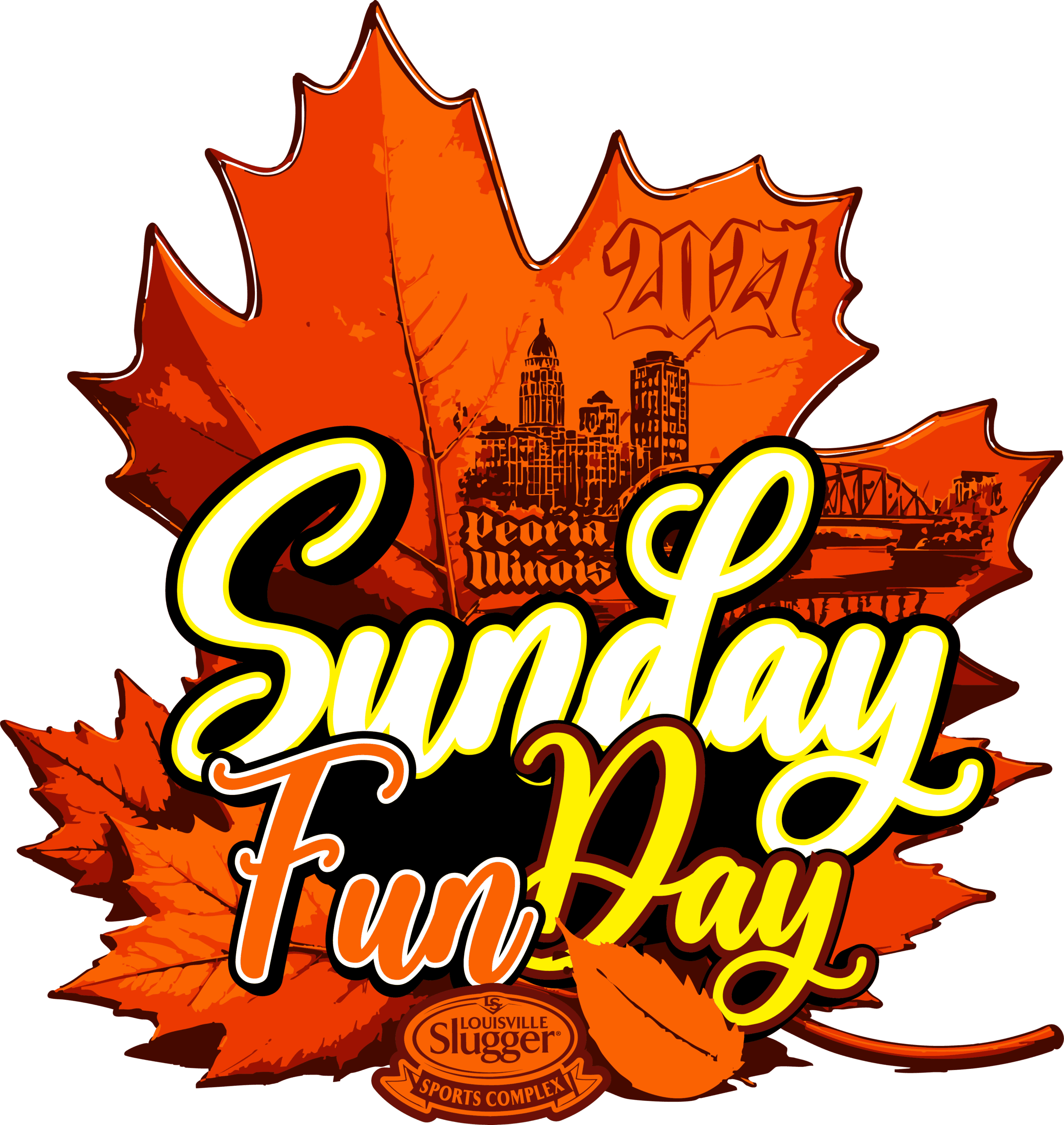 Sunday Fun Day 2027 Event Logo Design – Autumn Baseball Tournament Branding Inspired by Fall Colors and Peoria, Illinois